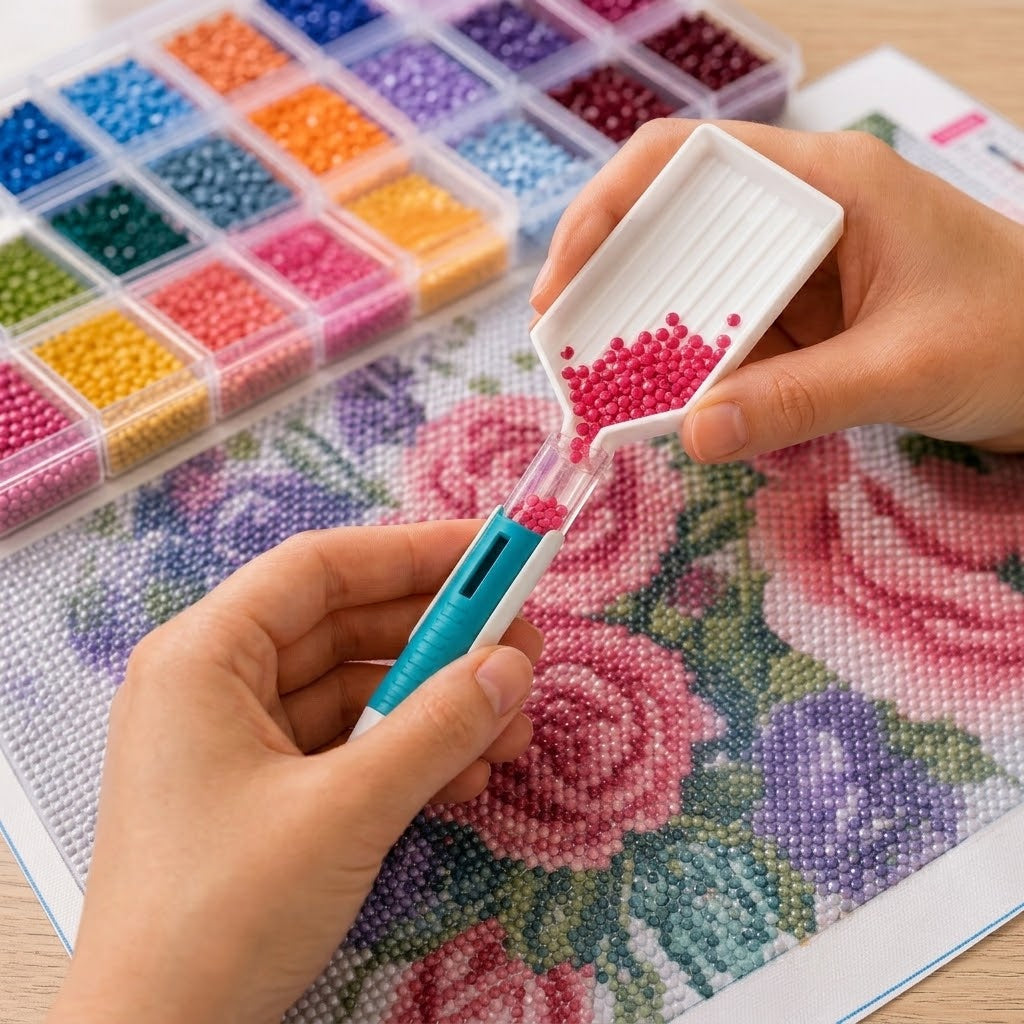 ⏰ Buy 3 Get 2 FREE – 💎 Automatic Diamond Painting Bead Dispenser Pen & Tray Set