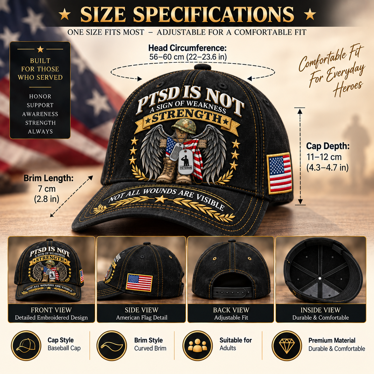 🇺🇸 Premium PTSD Awareness Veteran Tribute Embroidered Cap – Not All Wounds Are Visible