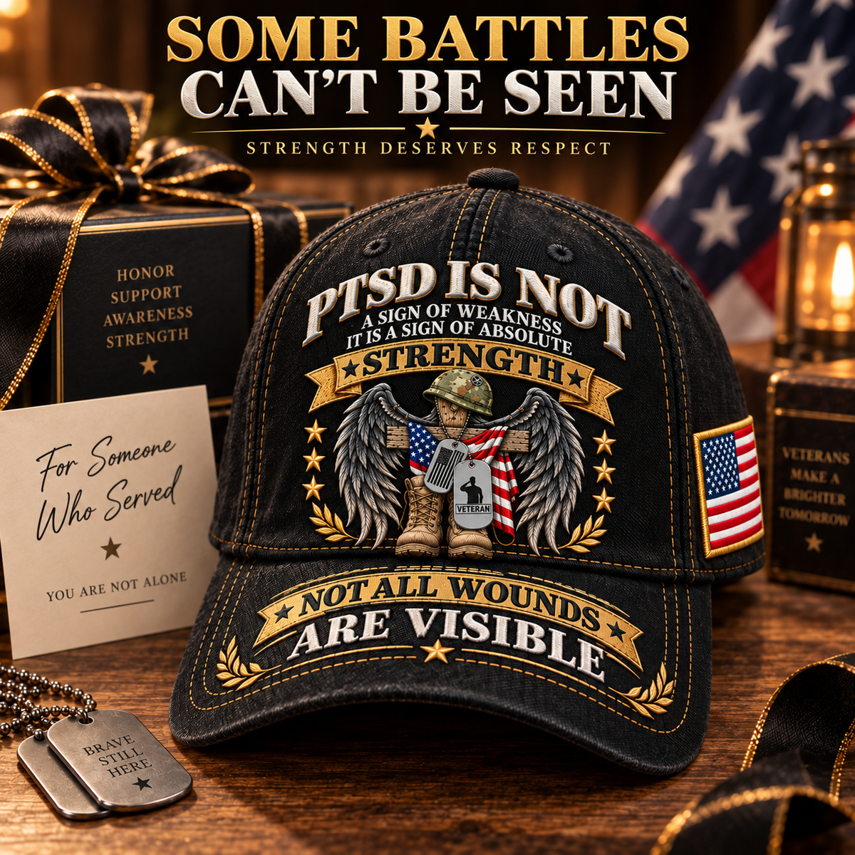 🇺🇸 Premium PTSD Awareness Veteran Tribute Embroidered Cap – Not All Wounds Are Visible
