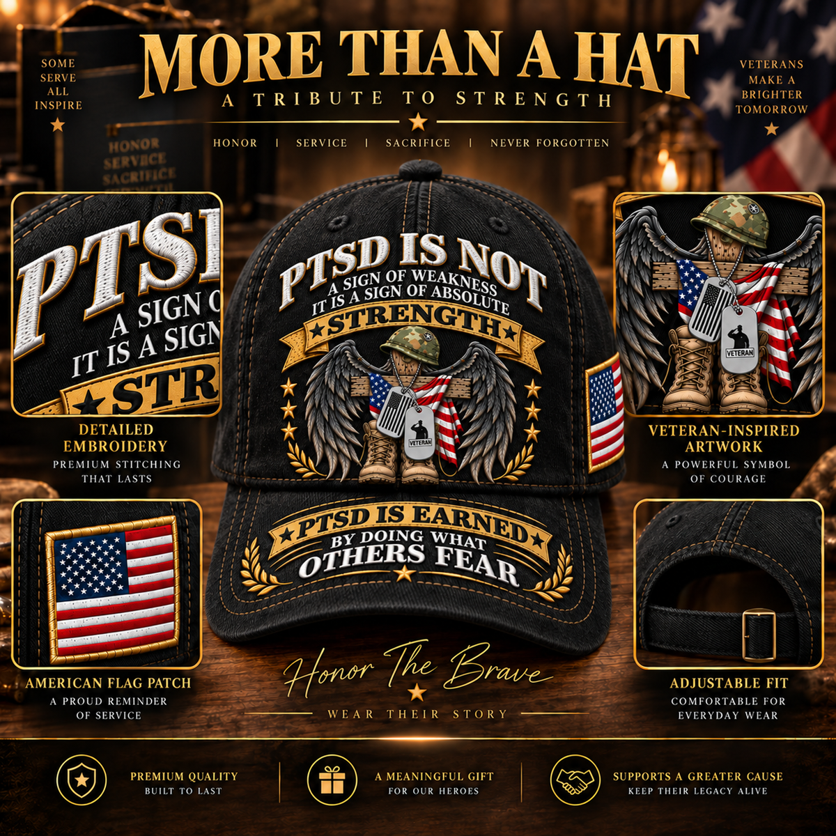 🇺🇸 Premium PTSD Awareness Veteran Tribute Embroidered Cap – Not All Wounds Are Visible