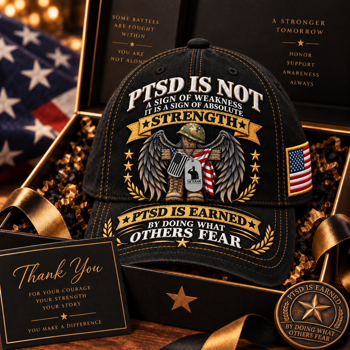 🇺🇸 Premium PTSD Awareness Veteran Tribute Embroidered Cap – Not All Wounds Are Visible