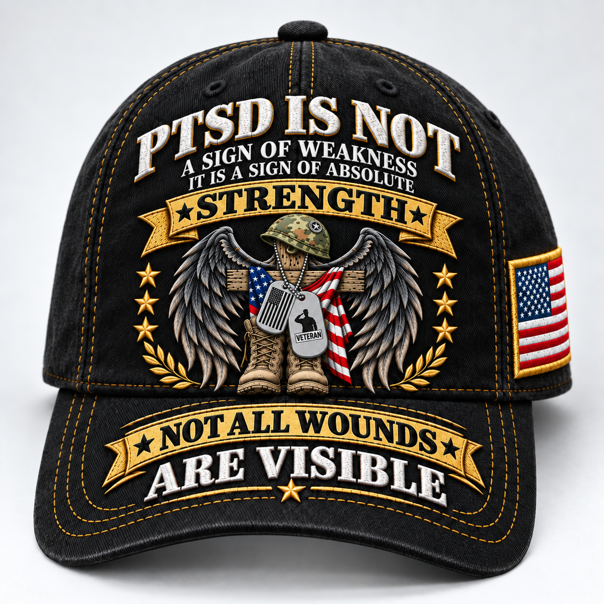 🇺🇸 Premium PTSD Awareness Veteran Tribute Embroidered Cap – Not All Wounds Are Visible