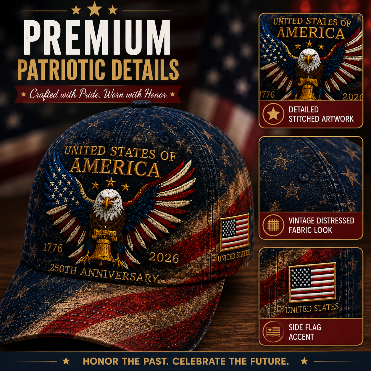 🎉Patriotic 4th of July ❤️ 🇺🇸 USA 250th Anniversary Patriotic Eagle Embroidered Cap