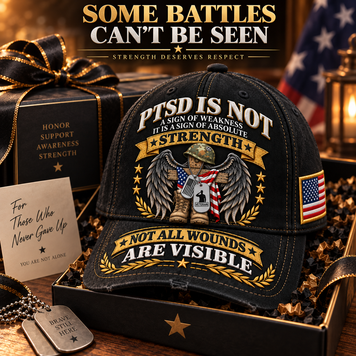 🇺🇸 Premium PTSD Awareness Veteran Tribute Embroidered Cap – Not All Wounds Are Visible