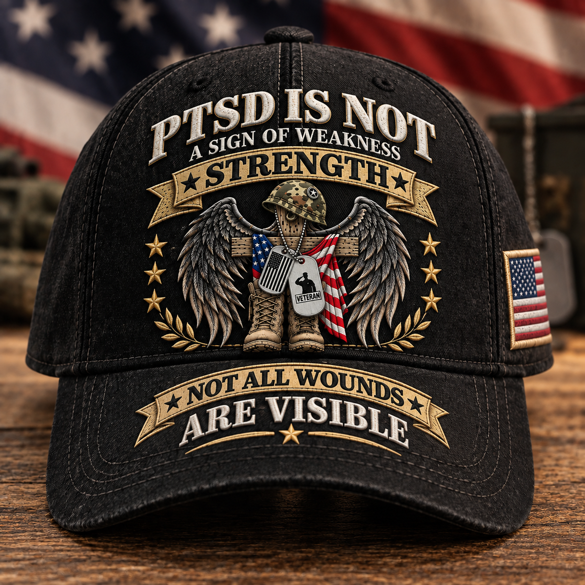 🇺🇸 Premium PTSD Awareness Veteran Tribute Embroidered Cap – Not All Wounds Are Visible